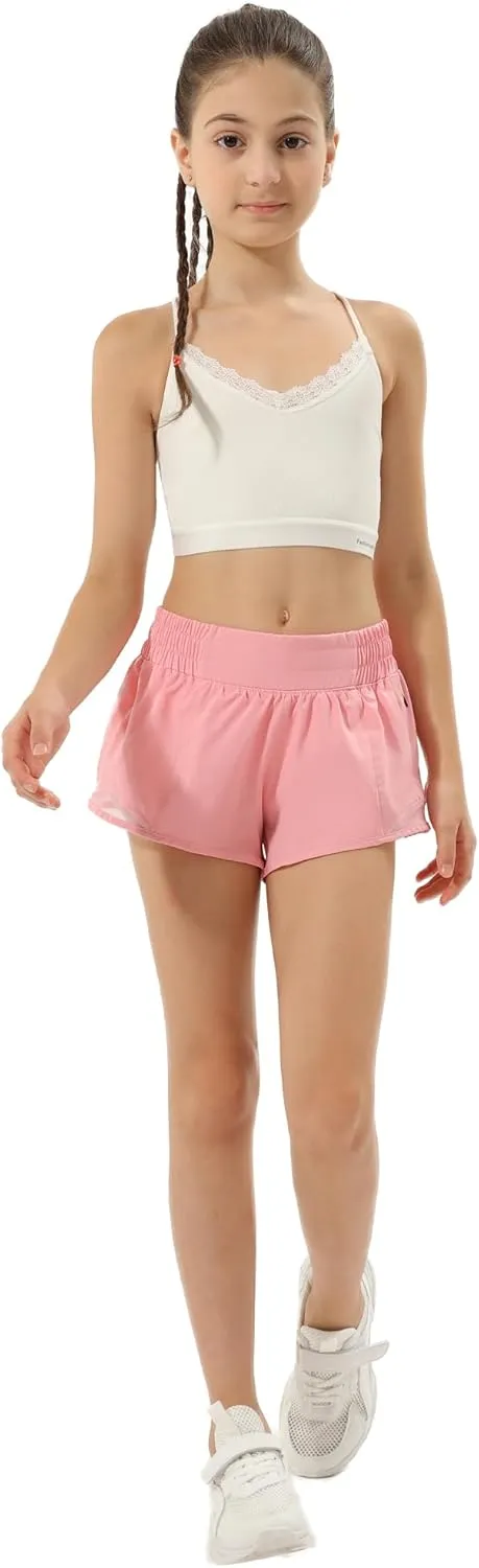 Aurefin Girls Athletic Shorts, Lightweight Running Shorts for Teen Girls Kids Sports Active Short with Zip Pocket and Elastic