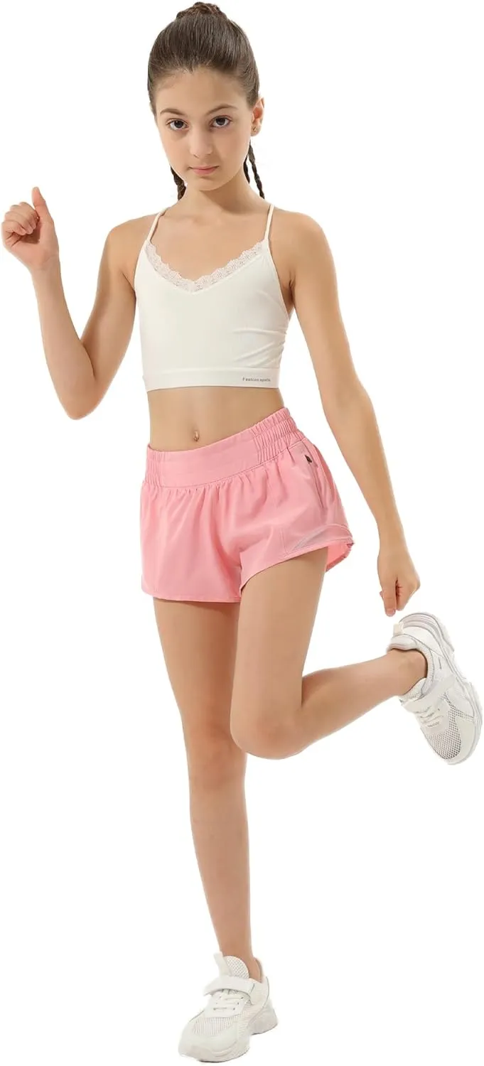 Aurefin Girls Athletic Shorts, Lightweight Running Shorts for Teen Girls Kids Sports Active Short with Zip Pocket and Elastic