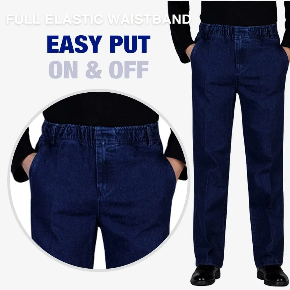 IDEALSANXUN Men??s Elastic Waist Loose Fit Denim Pants Casual Solid Jeans Trouser