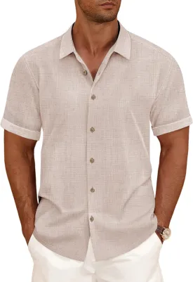 Linen Shirts for Men Casual Short Sleeve Button Down Shirt Cool Summer Beach Wedding Vacation Tops