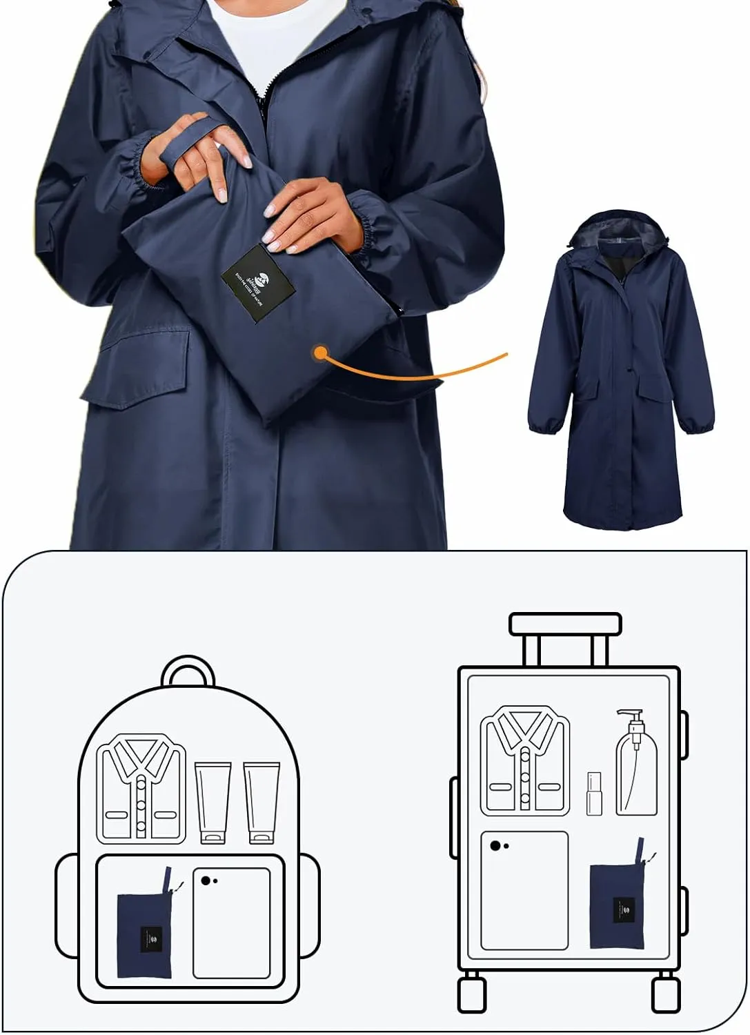SaphiRose Women's Long Rain Jacket Waterproof Lightweight Hooded Raincoat Packable Knee Length Rain coat
