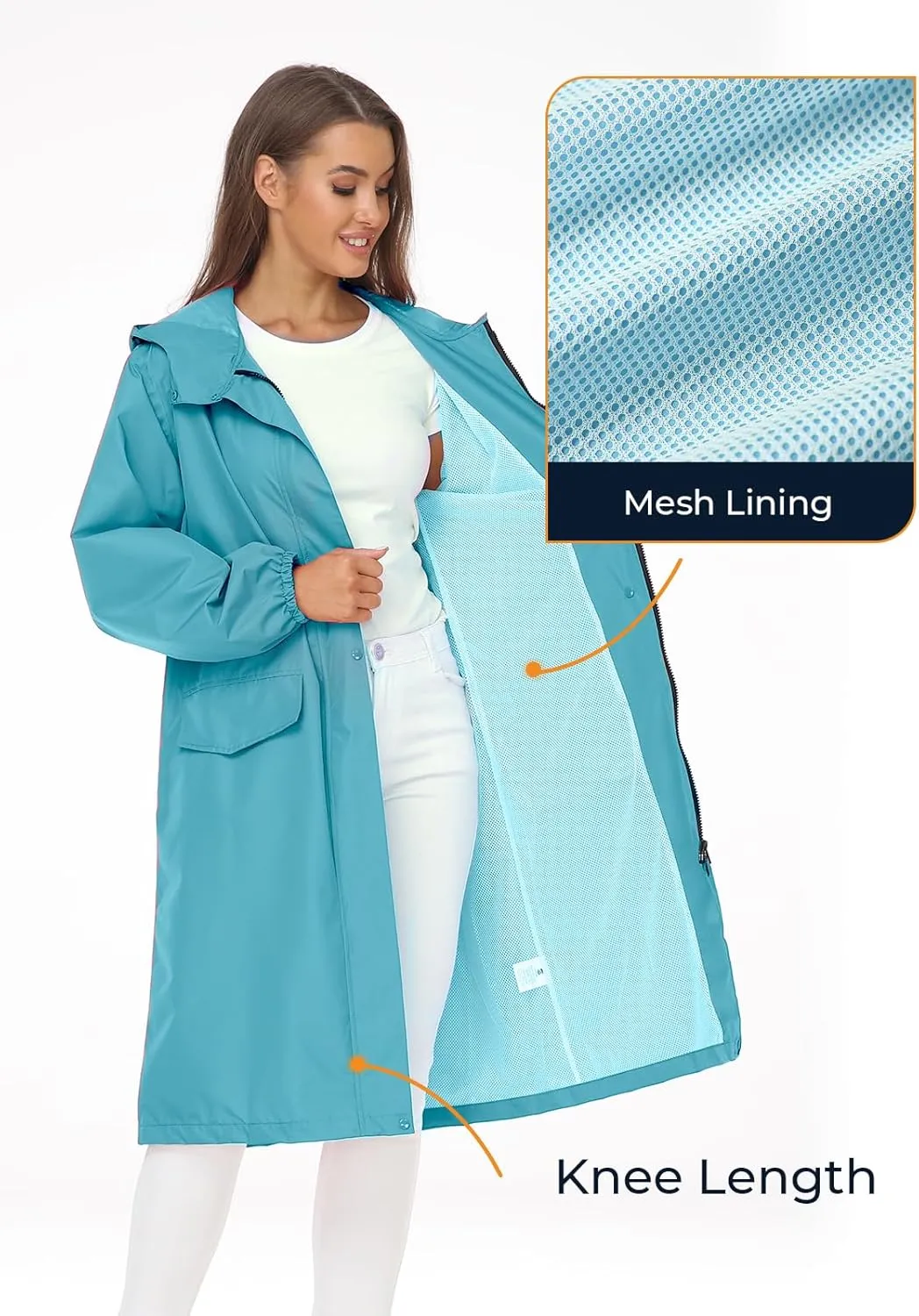 SaphiRose Women's Long Rain Jacket Waterproof Lightweight Hooded Raincoat Packable Knee Length Rain coat