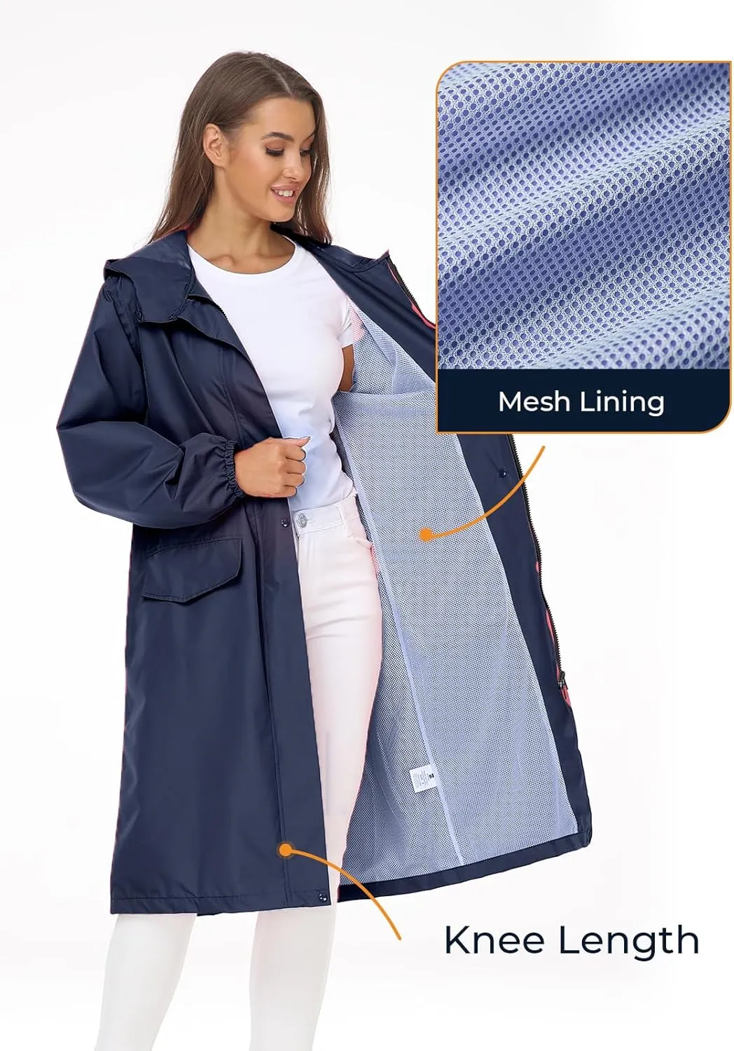 SaphiRose Women's Long Rain Jacket Waterproof Lightweight Hooded Raincoat Packable Knee Length Rain coat