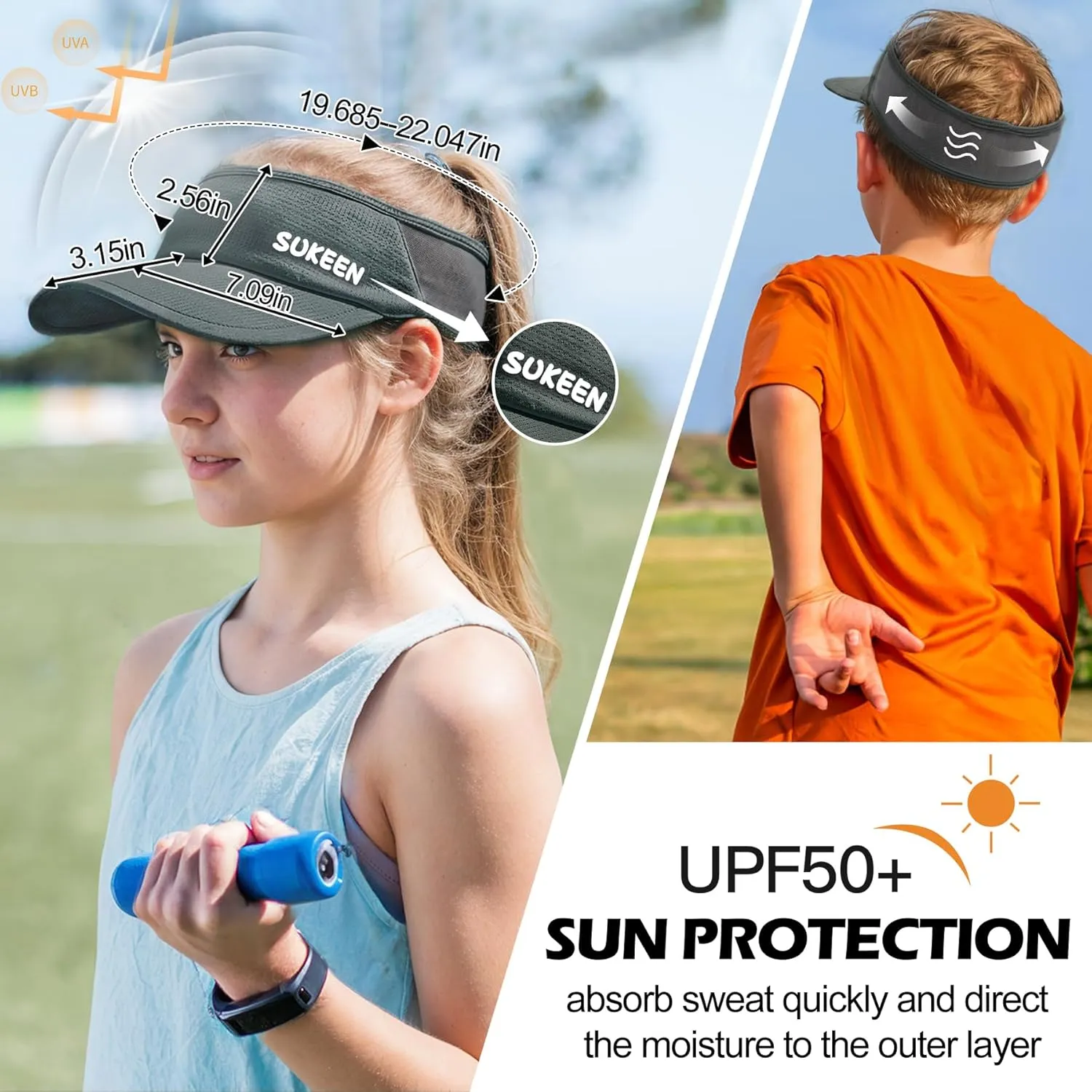 Sukeen Kids Sun Visor Hats for Girls Boys,Lightweight Sports Hat UPF50  Sun Hat Cooling Headwear Visor for Running Outdoors
